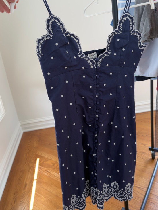 Anthropologie Dresses & Skirts - Maeve Navy Blue Polka Dot Midi Dress with White Embroidery